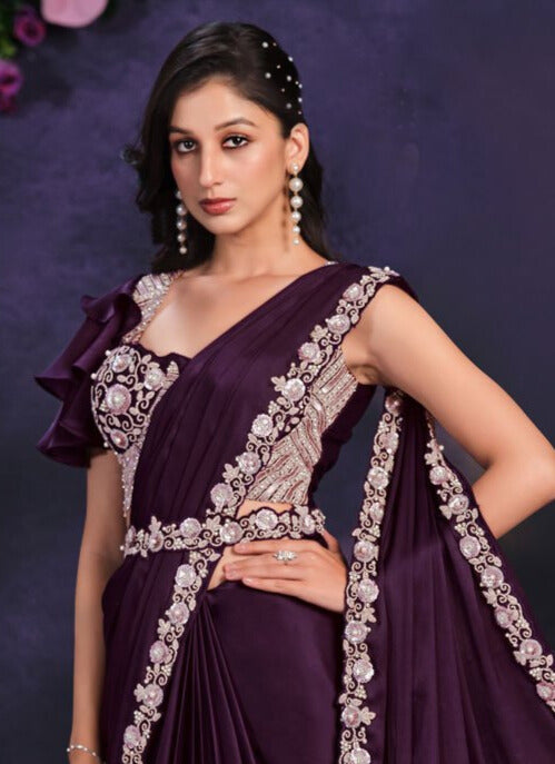 Purple Satin Silk Classic Saree With Moti, Sequins And Thread Work For Ceremonial