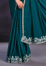 Teal Satin Silk Saree featuring intricate Moti and Stone Work