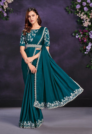 Teal Satin Silk Moti, Stone And Thread Work Traditional Saree