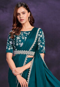 Teal Satin Silk Moti, Stone And Thread Work Traditional Saree