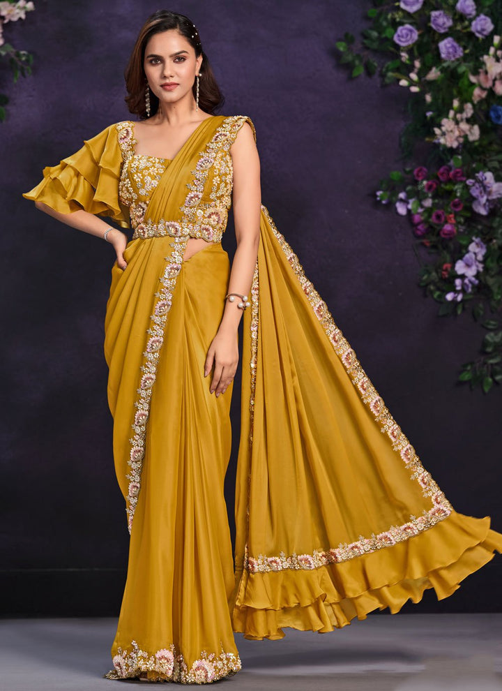 Satin Silk Designer Saree In Mustard