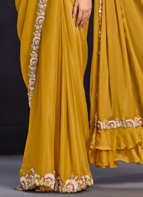 Satin Silk Designer Saree In Mustard