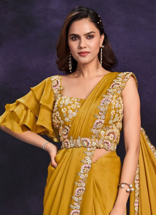 Satin Silk Designer Saree In Mustard