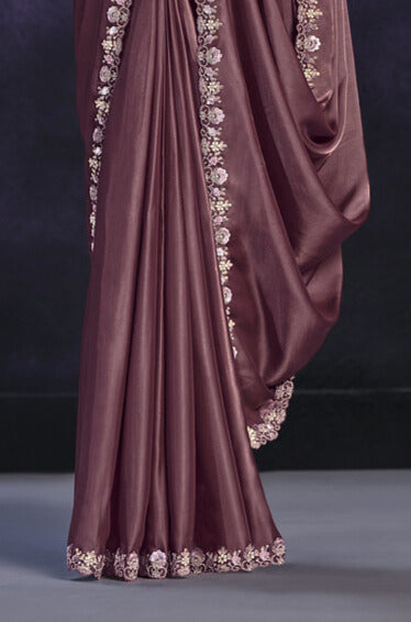 Brown Satin Silk Contemporary Sari With Moti, Sequins And Thread Work For Women