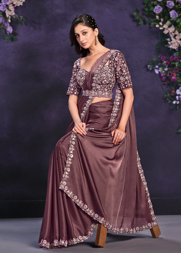 Brown Satin Silk Contemporary Sari With Moti, Sequins And Thread Work For Women