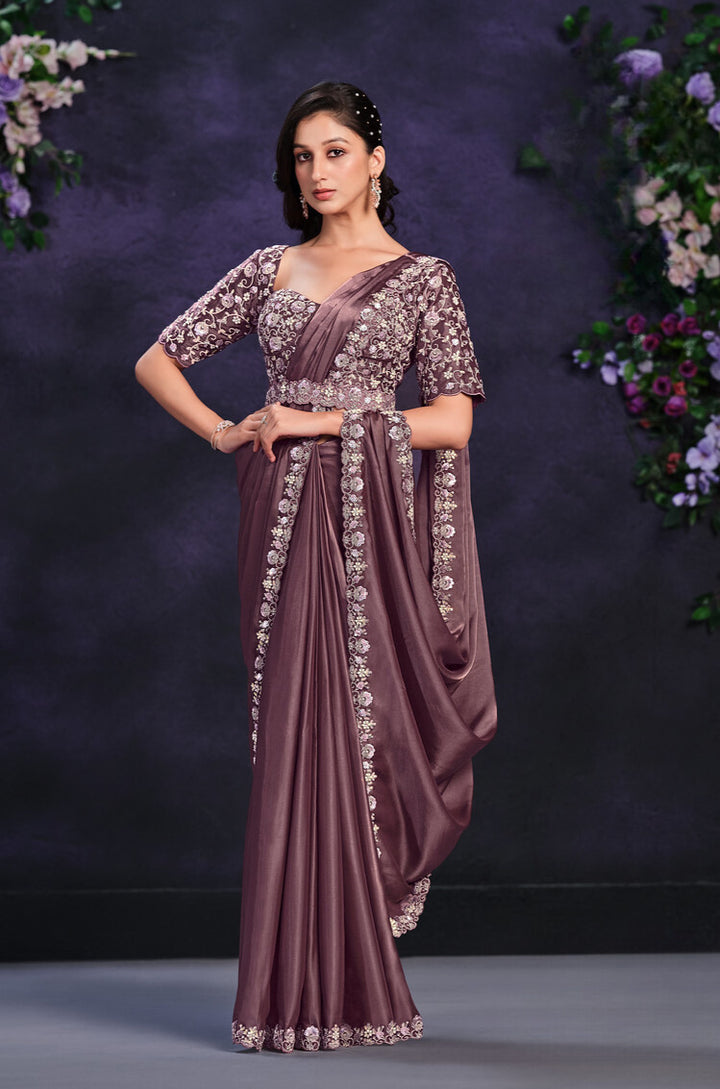 Brown Satin Silk Contemporary Sari With Moti, Sequins And Thread Work For Women