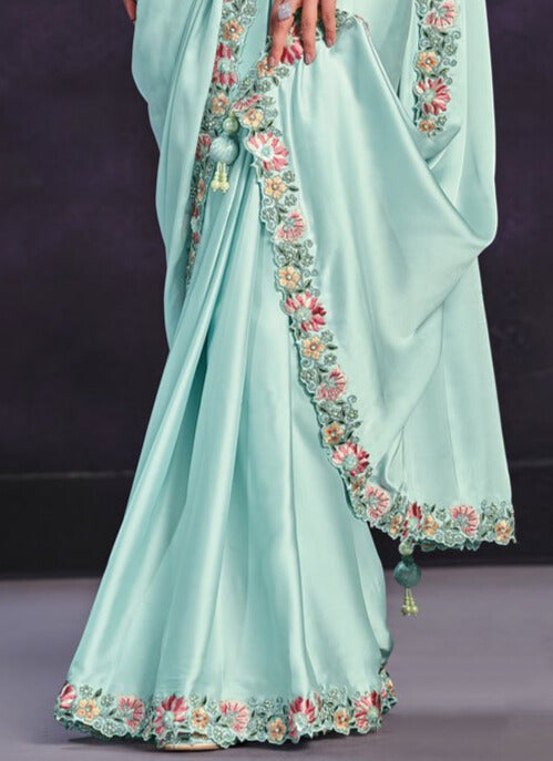 Glorious Aqua Blue Crepe Silk Traditional Saree With Sequins And Thread Work