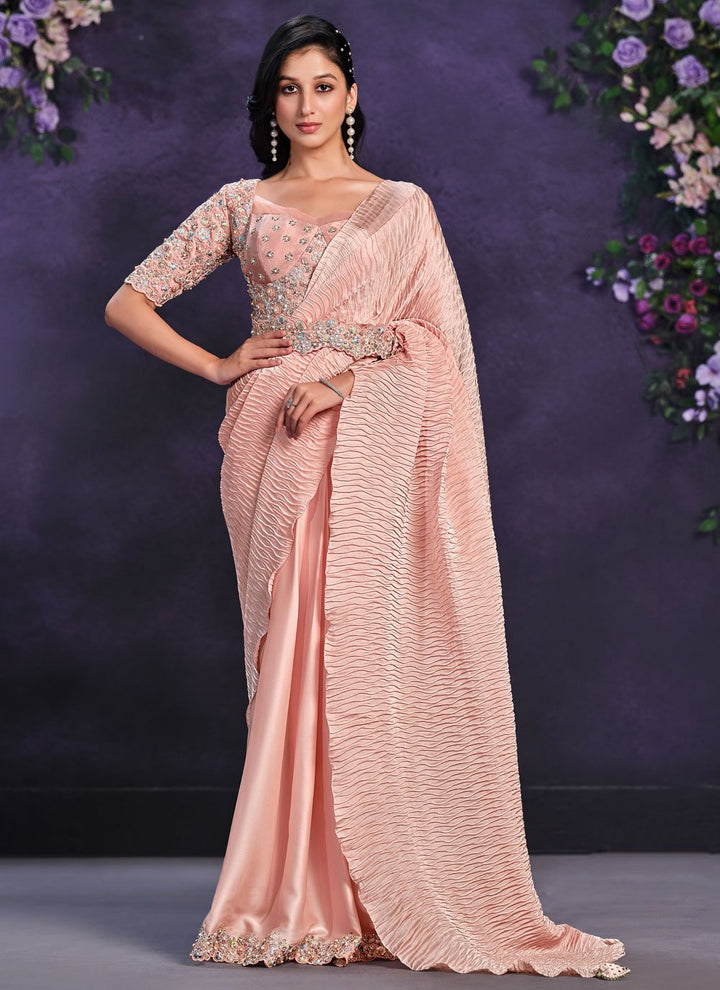 Peach Crepe Silk Cord, Sequins And Thread Work Designer Saree For Women