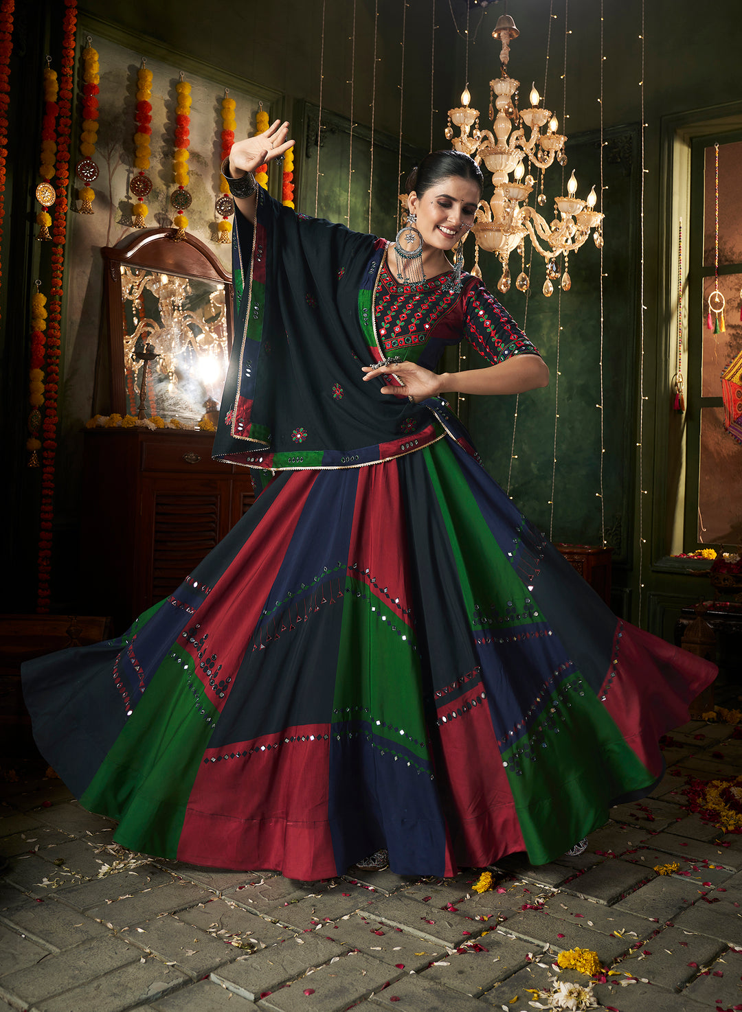 Navy Blue Multicolored Kutchi Embroidered Rajwadi Chaniya Choli