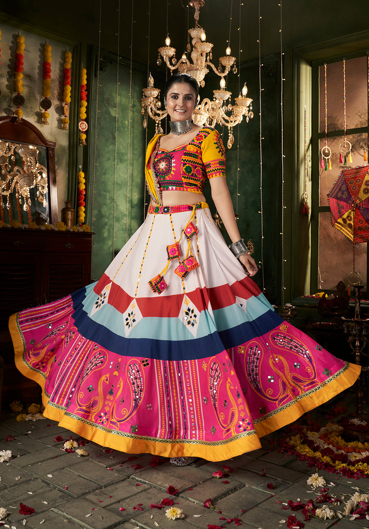 White Multicolored Kutchi Embroidered Rajwadi Chaniya Choli