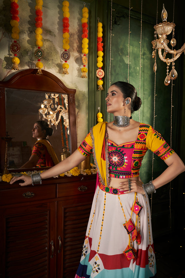 White Multicolored Kutchi Embroidered Rajwadi Chaniya Choli