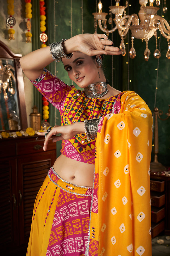 Yellow And Pink Kutchi Embroidered Rajwadi Chaniya Choli