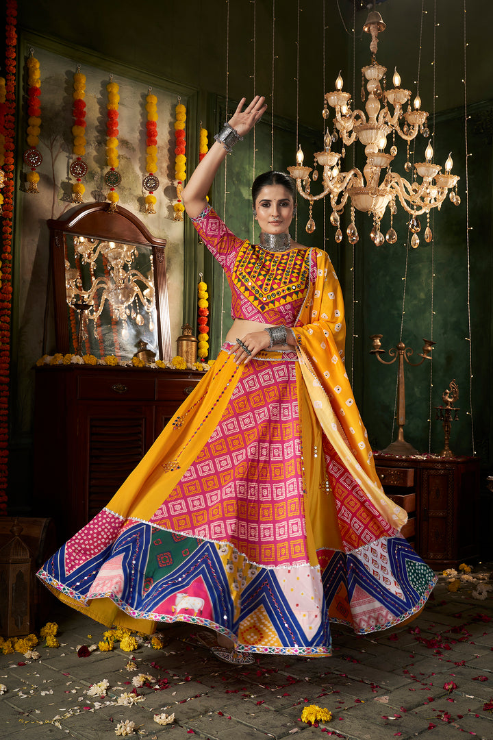 Yellow And Pink Kutchi Embroidered Rajwadi Chaniya Choli