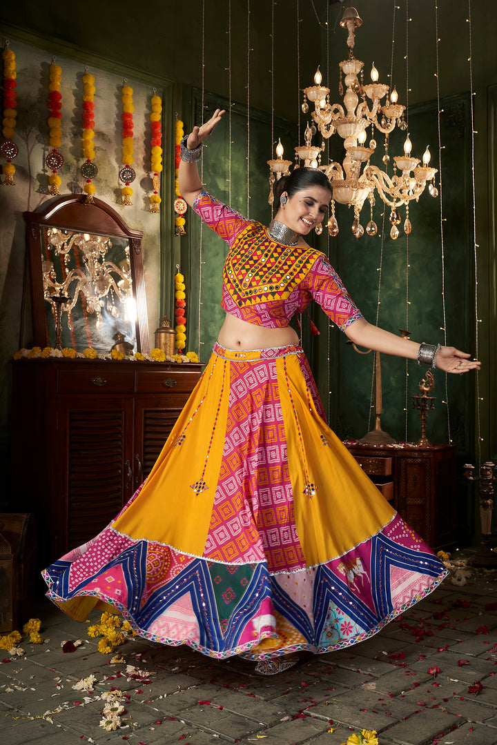 Yellow And Pink Kutchi Embroidered Rajwadi Chaniya Choli