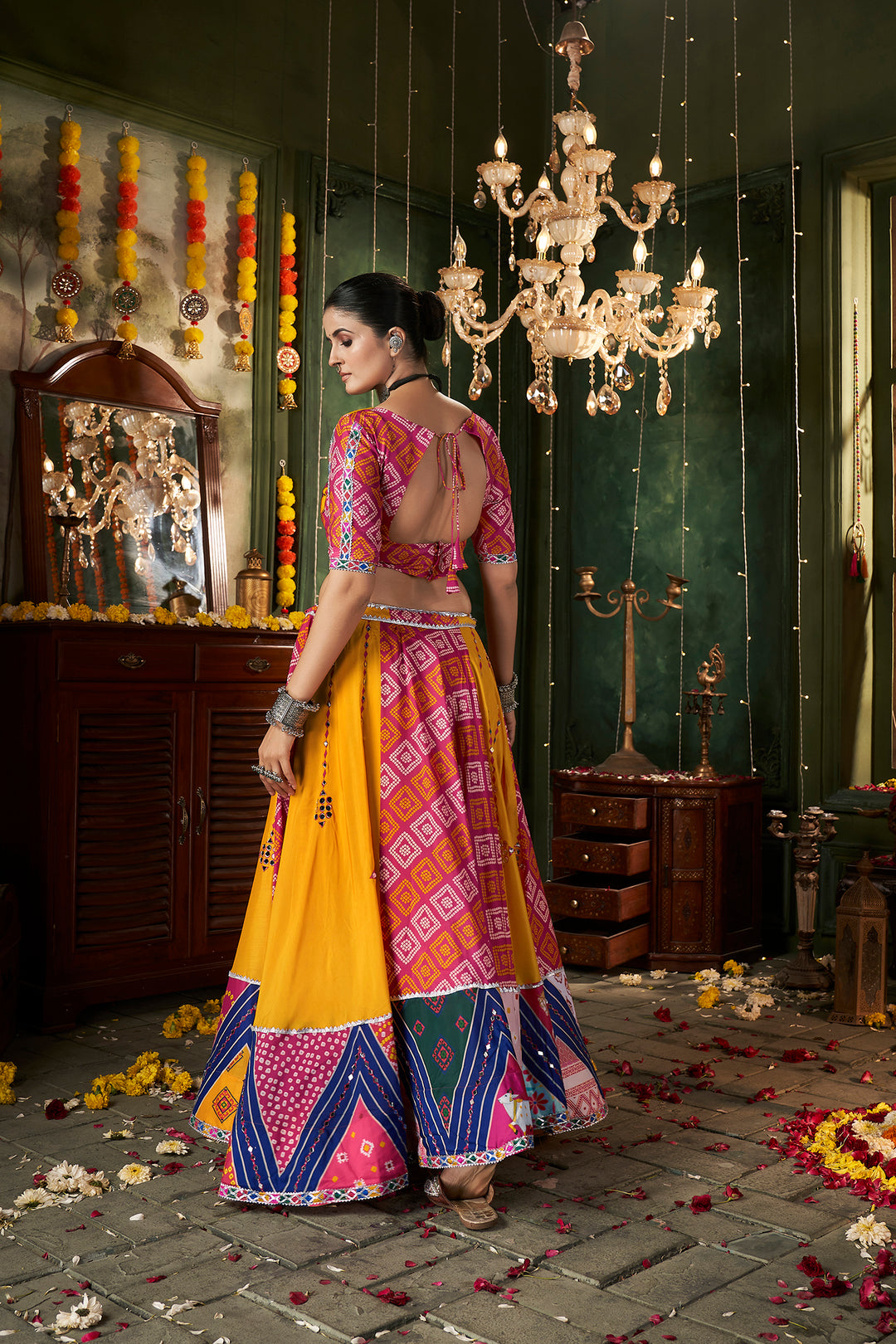 Yellow And Pink Kutchi Embroidered Rajwadi Chaniya Choli