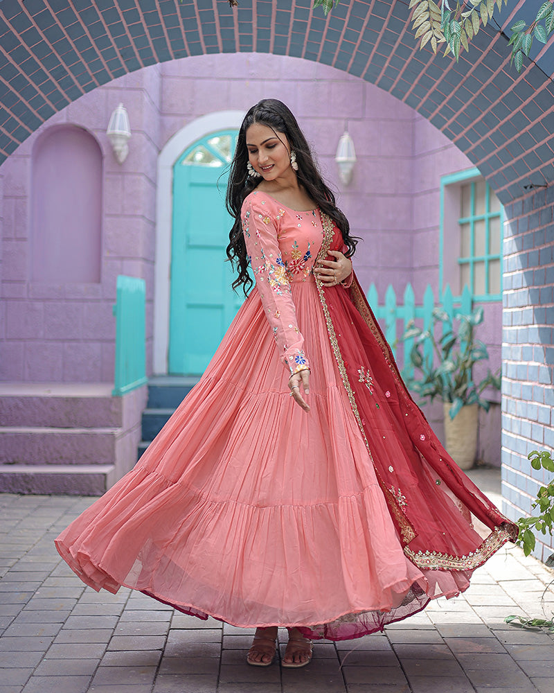 Peach Color Faux Georgette Designer Gown With Dupatta  - By Qivii