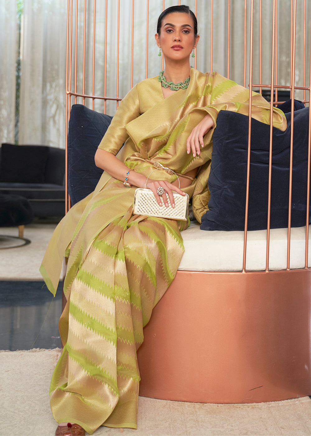 Green & Golden Woven Organza Silk Saree - qivii