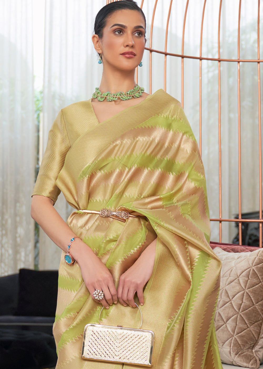 Green & Golden Woven Organza Silk Saree - qivii
