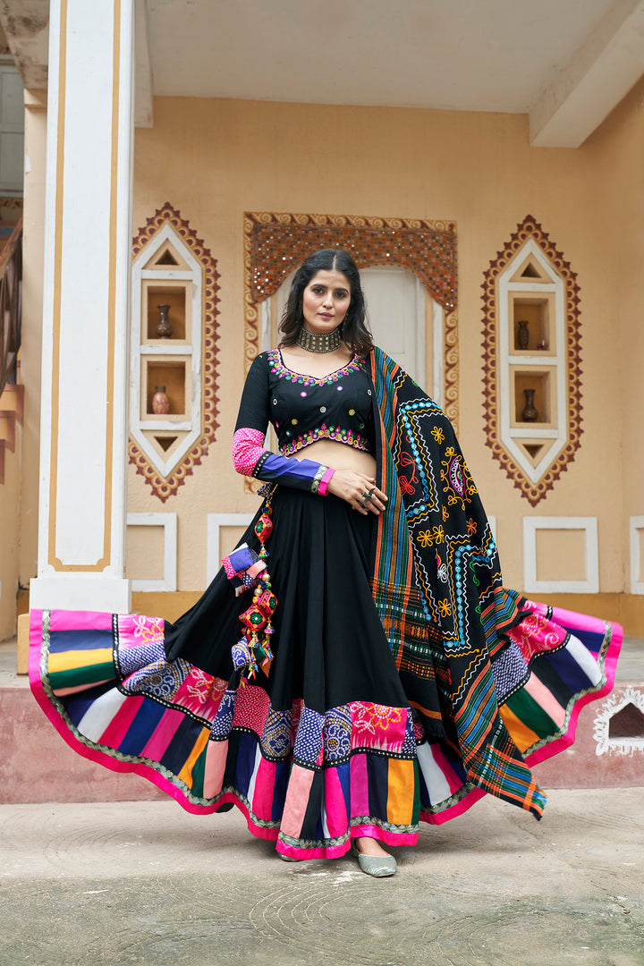 Black viscose rayon printed embroidery with mirror work Lehenga Choli