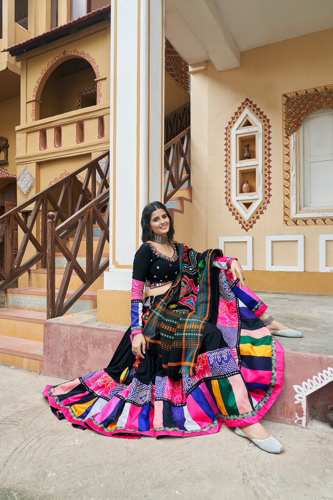 Black viscose rayon printed embroidery with mirror work Lehenga Choli