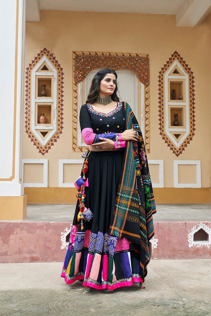 Black viscose rayon printed embroidery with mirror work Lehenga Choli