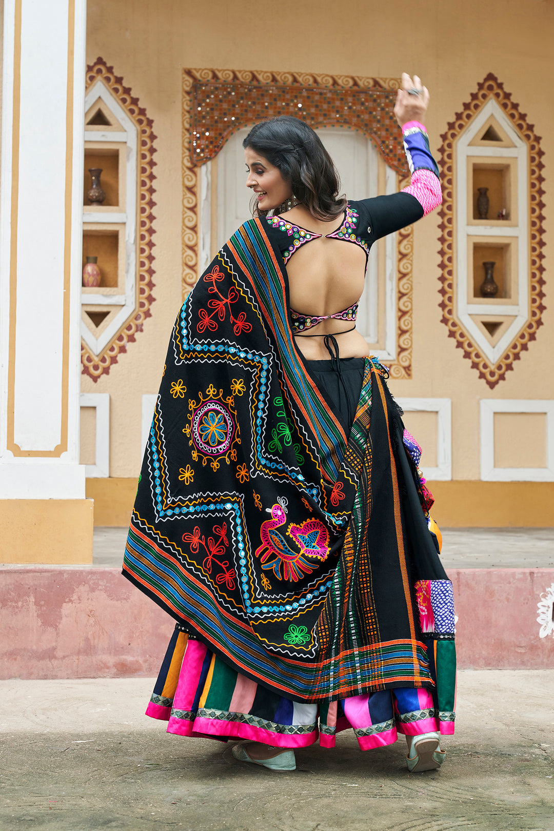 Black viscose rayon printed embroidery with mirror work Lehenga Choli