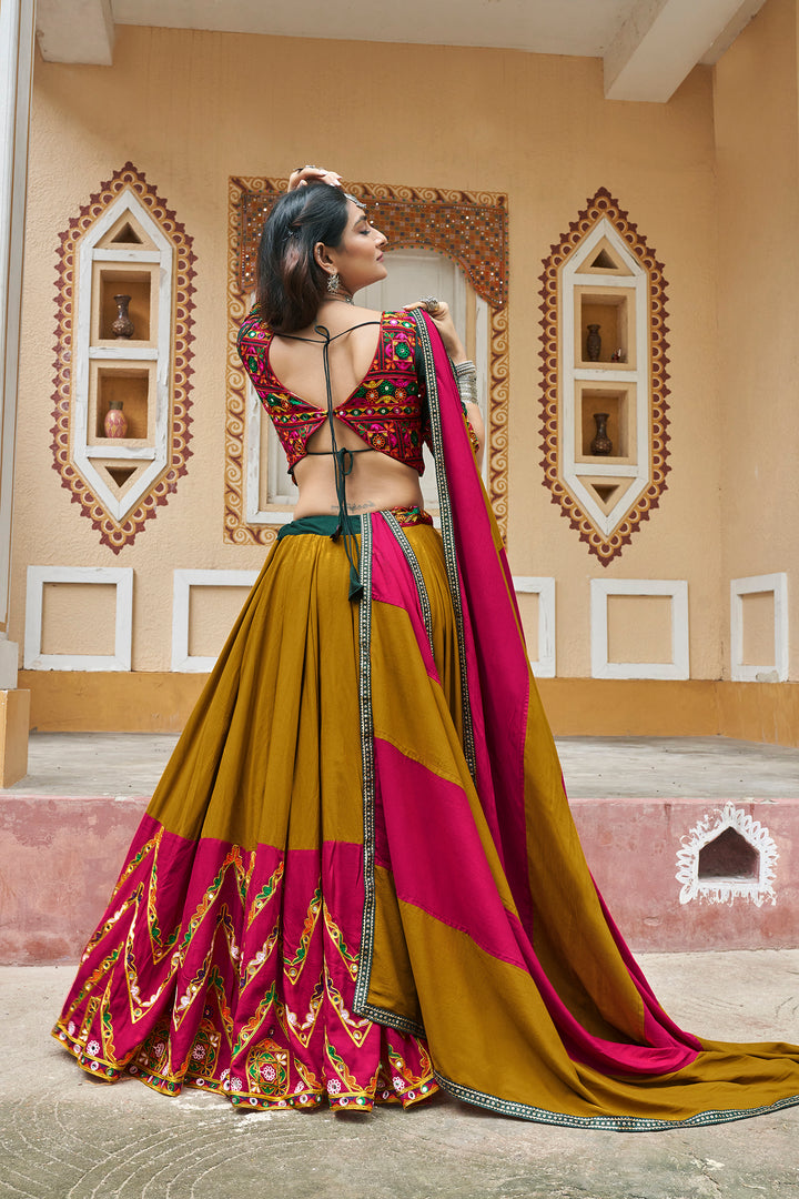 Mustard Yellow viscose rayon printed embroidery with mirror work Lehenga Choli