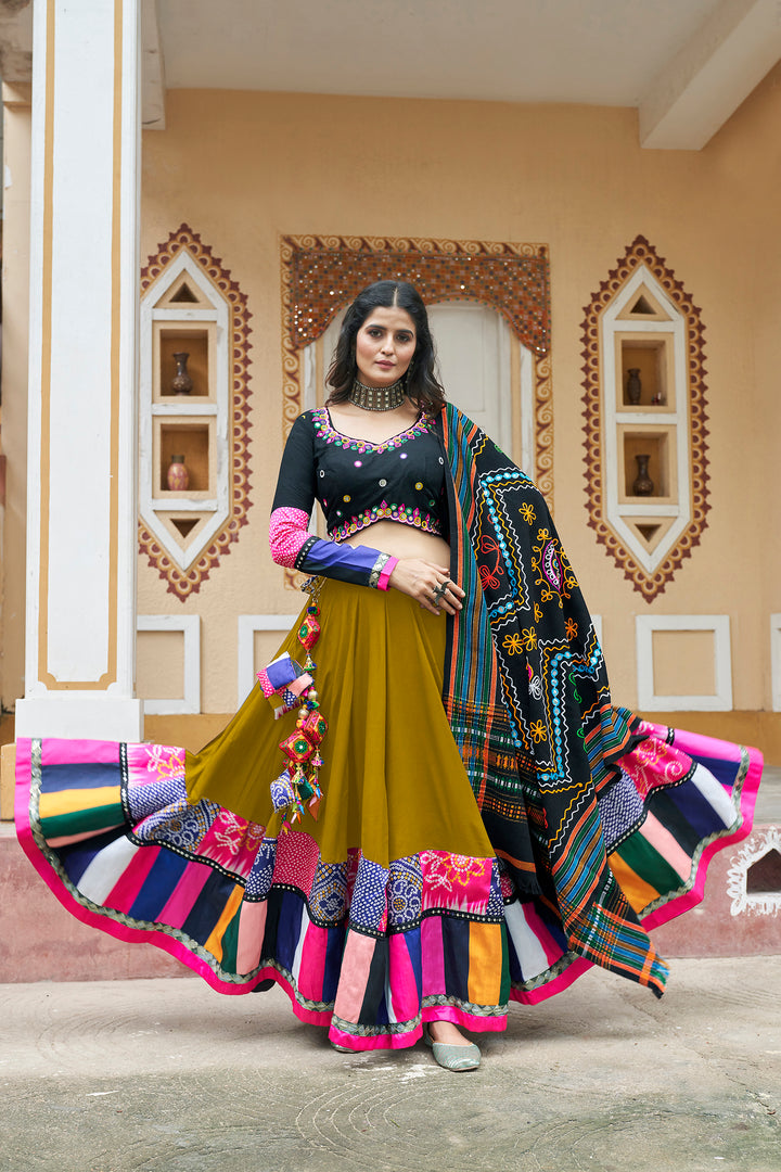 Flouracent Green viscose rayon printed embroidery with mirror work Lehenga Choli