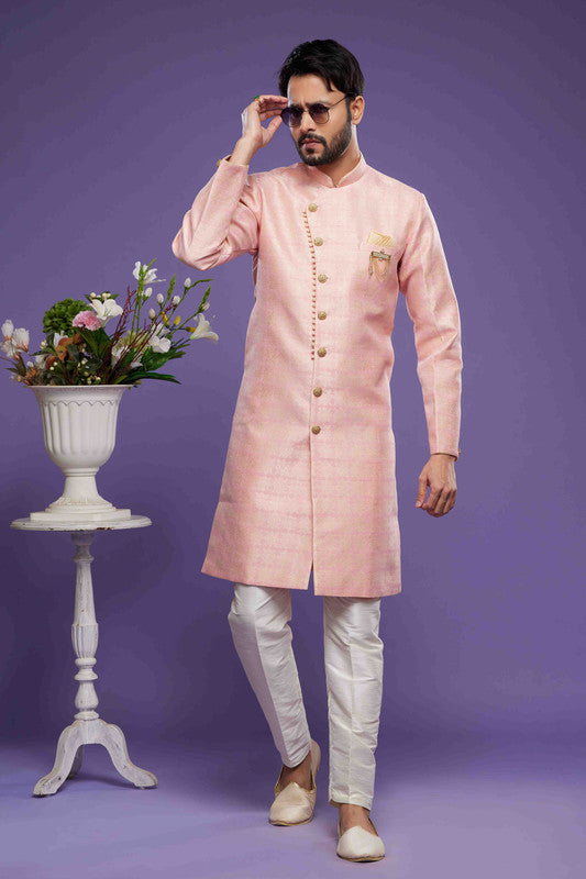 Men's Banarasi Jacquard Embroidery Semi Indo Western Sherwani In Pink Colour