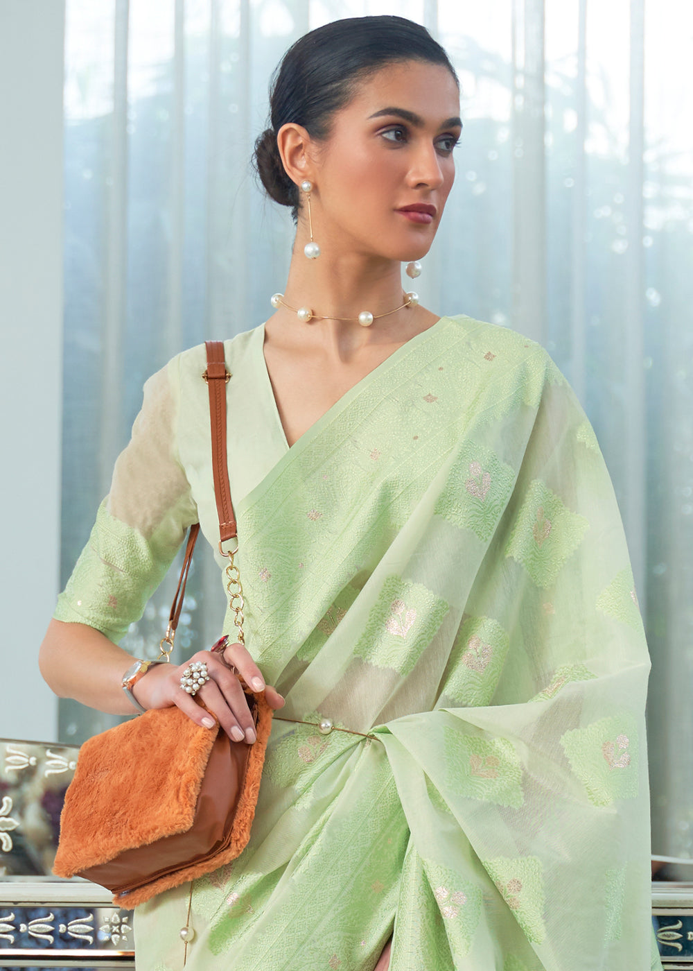 Shades Of Green Lucknowi Chikankari Weaving Silk Saree - qivii