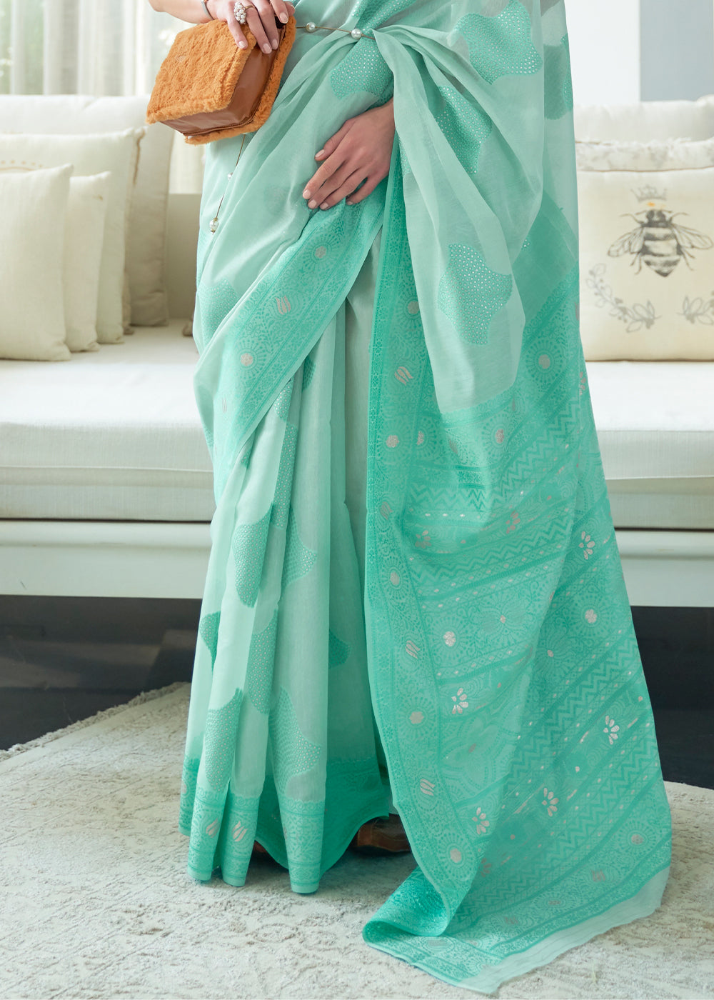 Shades Of Blue Lucknowi Chikankari Weaving Silk Saree - qivii