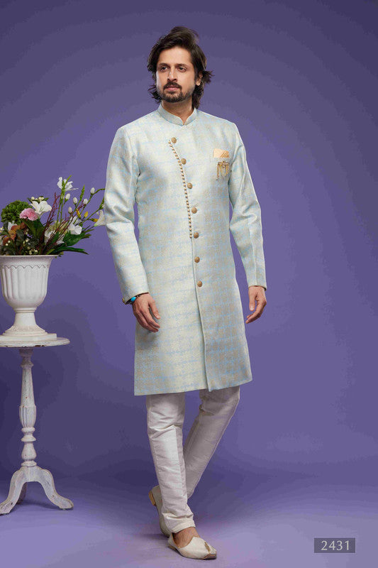 Men's Banarasi Jacquard Embroidery Semi Indo Western Sherwani In Sky Blue Colour
