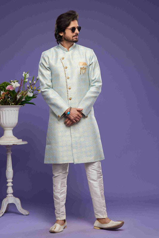 Men's Banarasi Jacquard Embroidery Semi Indo Western Sherwani In Sky Blue Colour