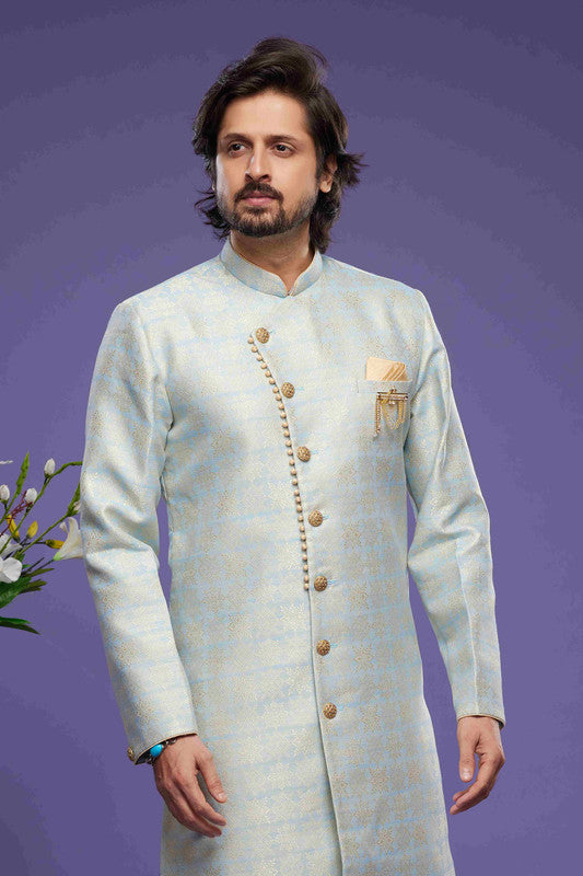 Men's Banarasi Jacquard Embroidery Semi Indo Western Sherwani In Sky Blue Colour