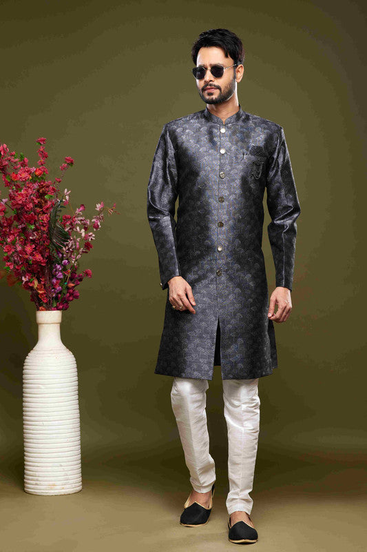 Men's Banarasi Jacquard Embroidery Semi Indo Western Sherwani In Black Colour