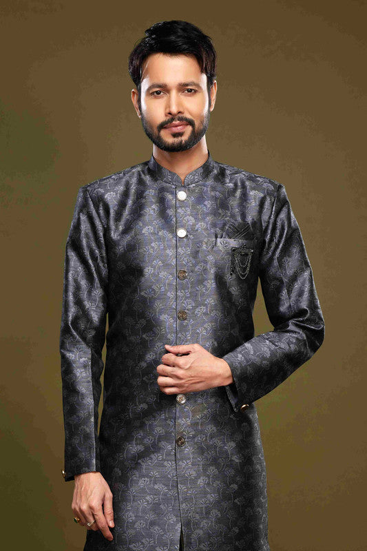Men's Banarasi Jacquard Embroidery Semi Indo Western Sherwani In Black Colour