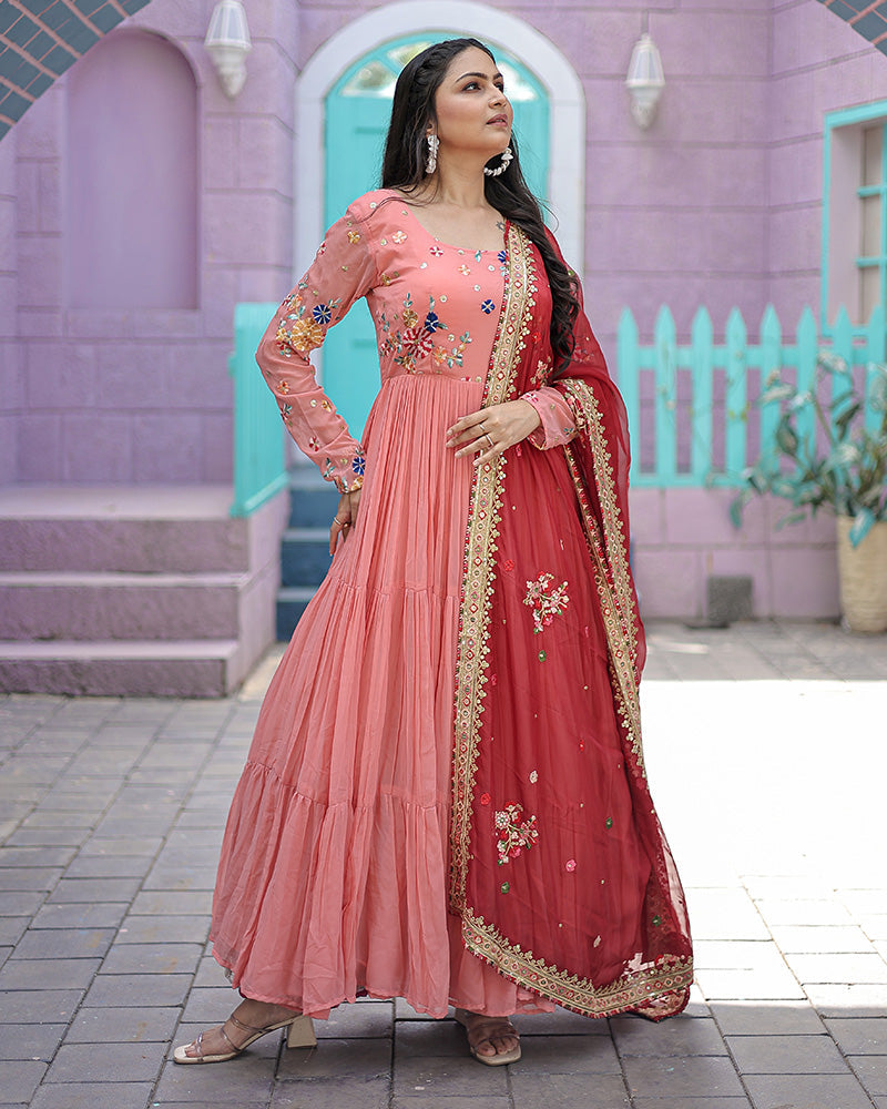 Peach Color Faux Georgette Designer Gown With Dupatta  - By Qivii