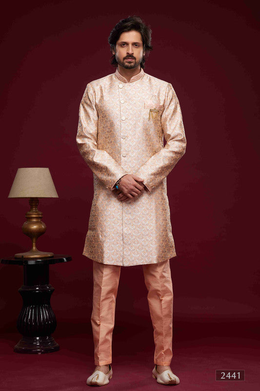 Men's Banarasi Jacquard Embroidery Semi Indo Western Sherwani In Peach Colour