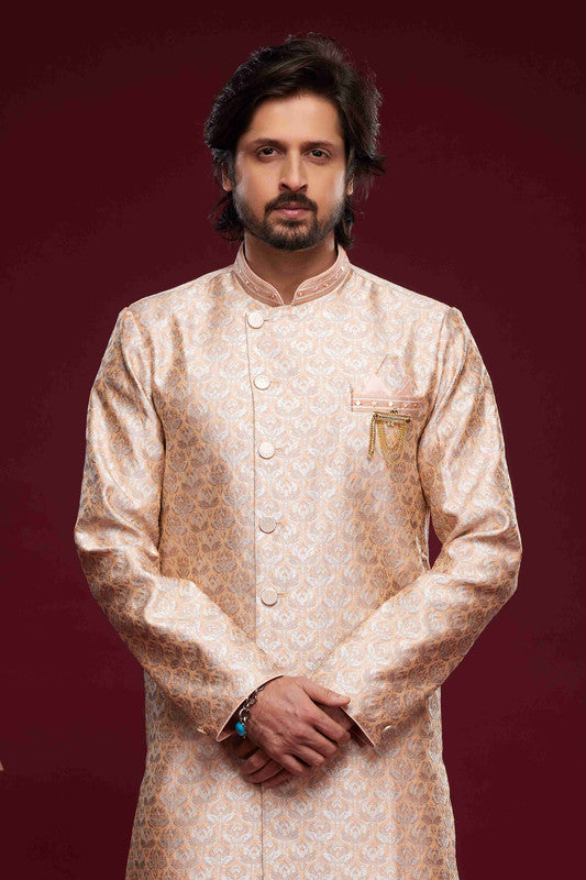 Men's Banarasi Jacquard Embroidery Semi Indo Western Sherwani In Peach Colour