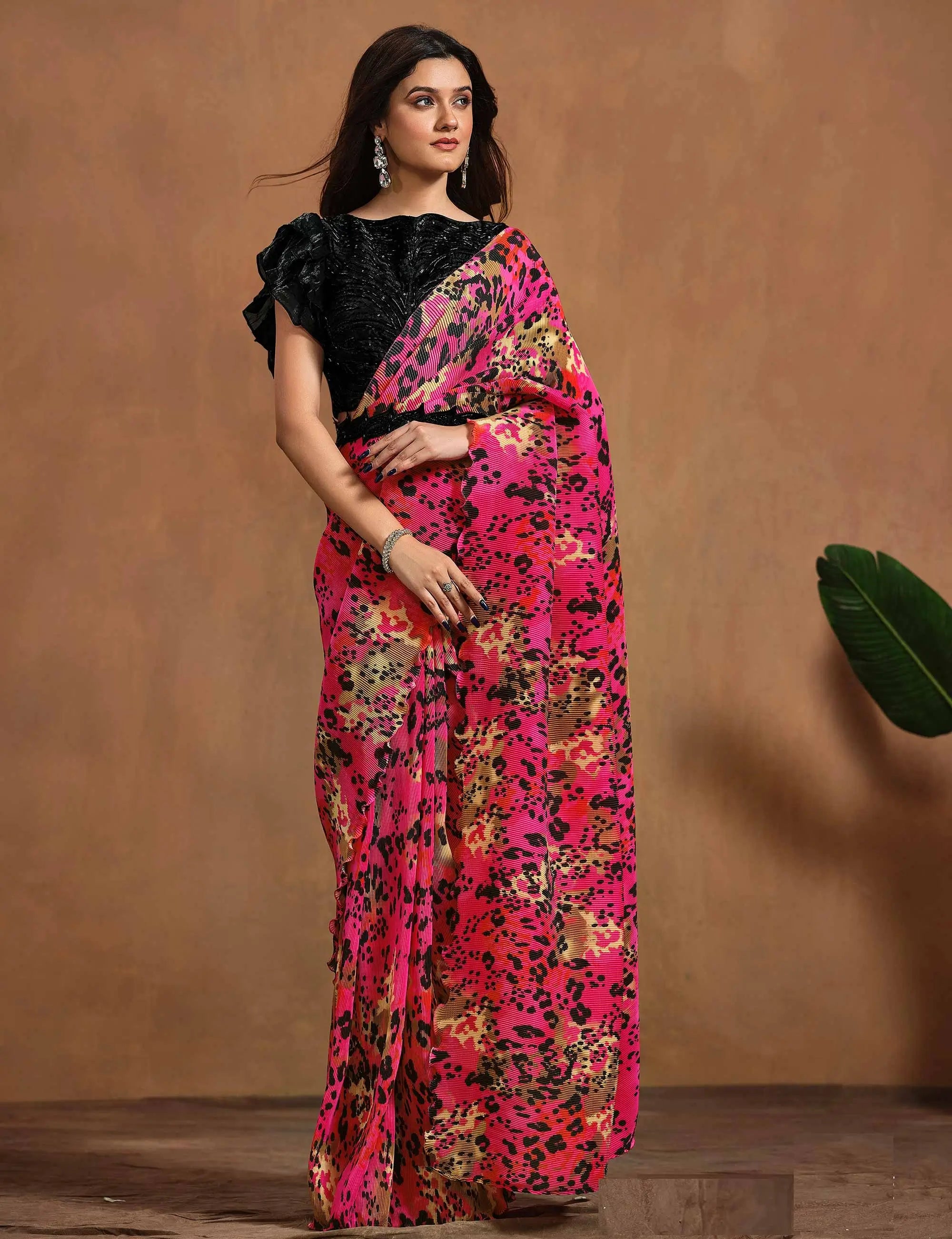 Hot Pink Digital Print Draped Saree With Hand Work Blouse - qivii