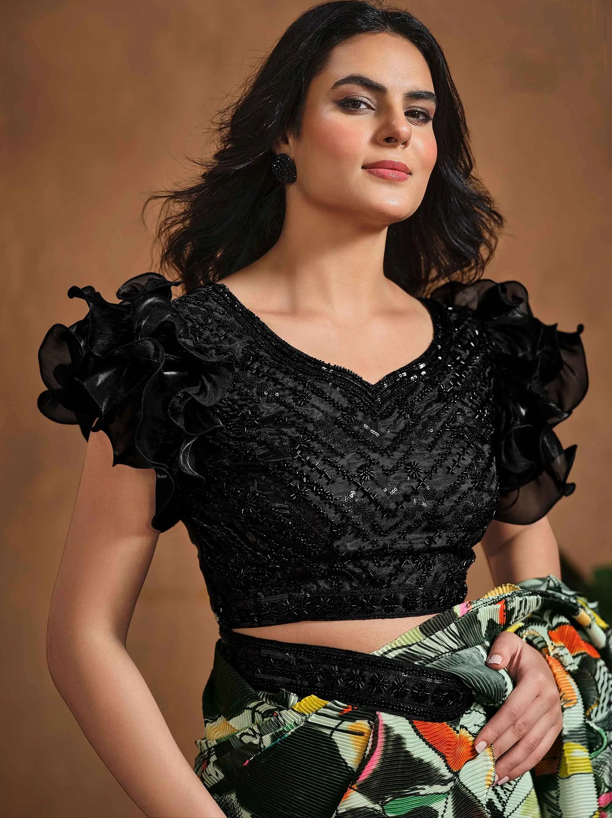 Multi Color Digital Print Ready To Wear Saree With Hand Work Blouse - qivii