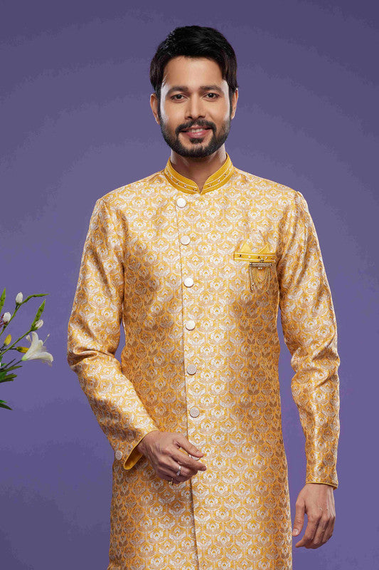 Men's Banarasi Jacquard Embroidery Semi Indo Western Sherwani In Yellow Colour
