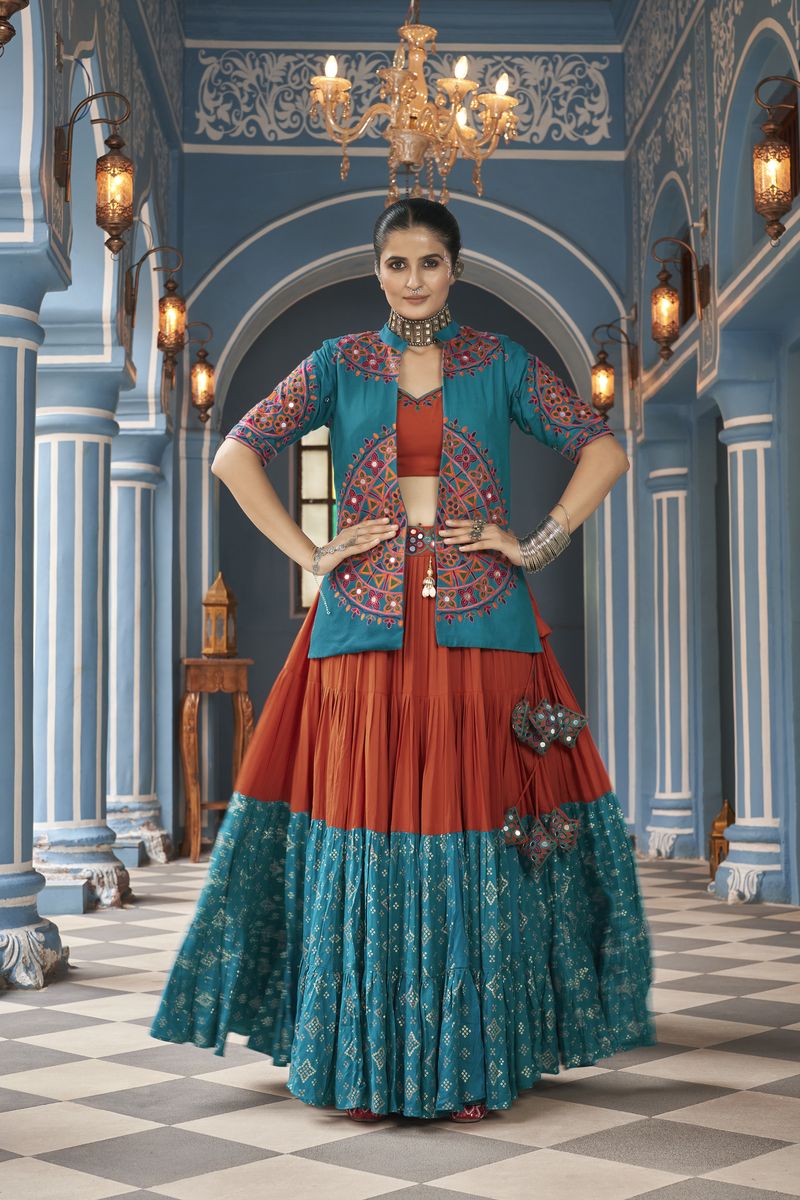 Multi Color Viscose Rayon Embroidered Waist belt and Latkan Lehenga