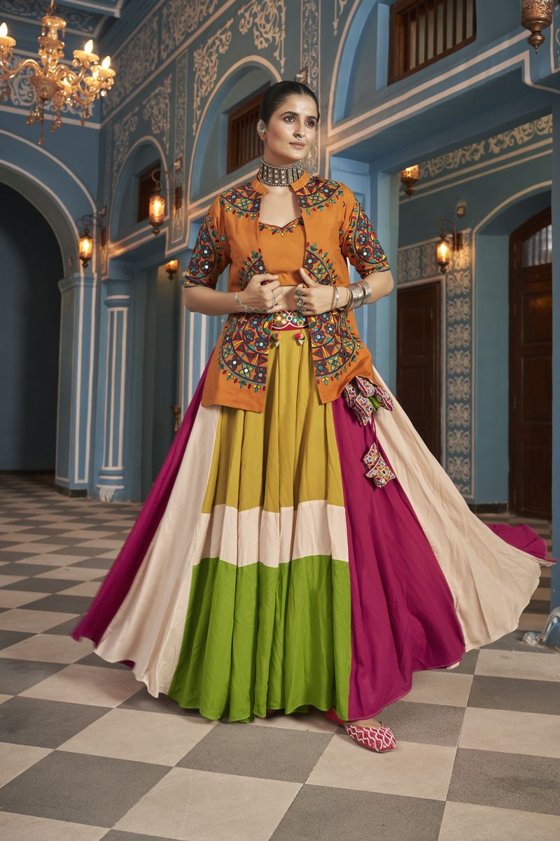 Multi Color Viscose Rayon Embroidered Waist belt and Latkan Lehenga