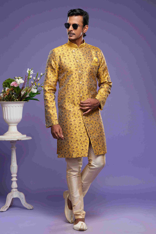 Men's Banarasi Jacquard Embroidery Semi Indo Western Sherwani In Gold Colour