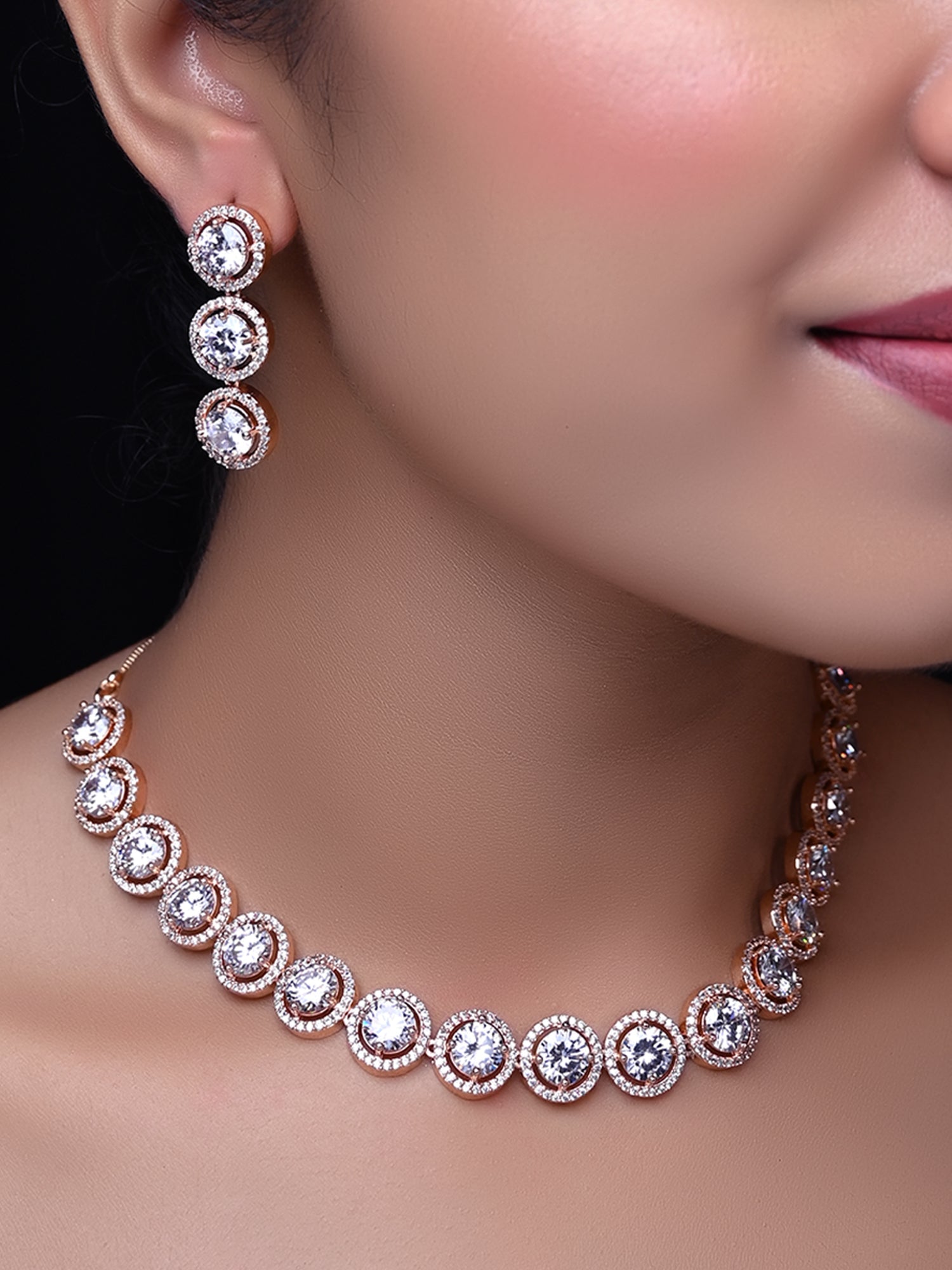 Shahnaaz Rose Gold Plated Semiprecious White Stone American Diamond Set - qivii