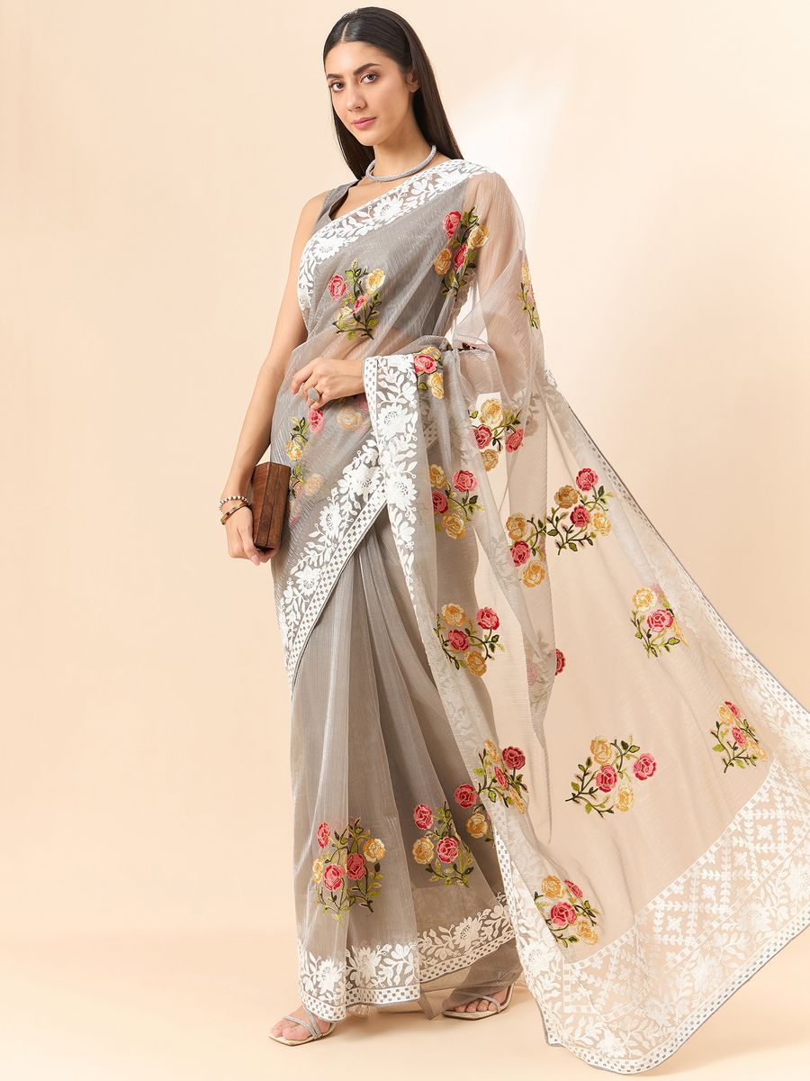 Grey Saree Glass Tissue Organza Fabric With Beautifull Thread Work