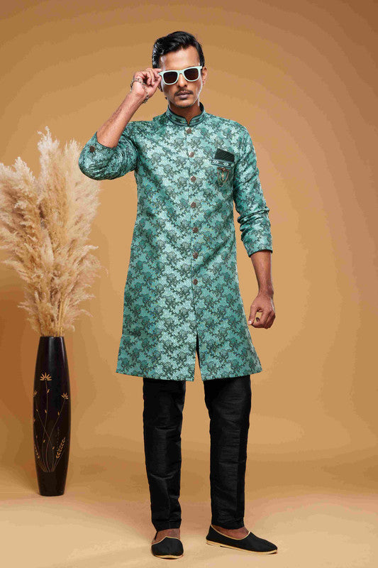 Men's Banarasi Jacquard Embroidery  Semi Indo Western Sherwani In  Green Colour