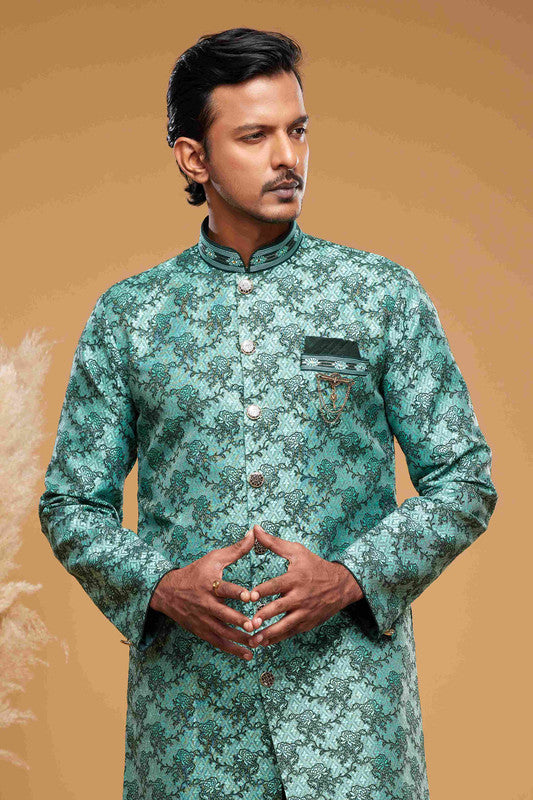Men's Banarasi Jacquard Embroidery  Semi Indo Western Sherwani In  Green Colour