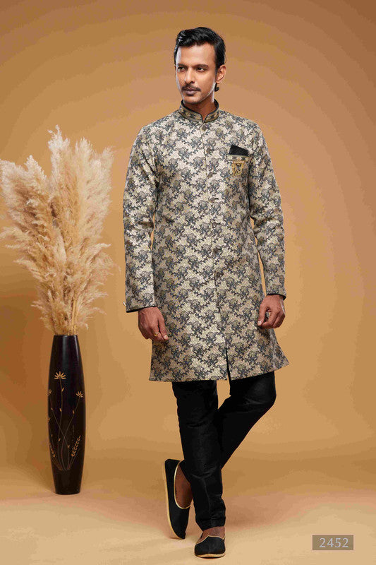 Men's Banarasi Jacquard Embroidery  Semi Indo Western Sherwani In  Beige Black Colour